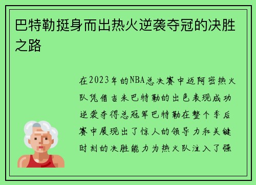 巴特勒挺身而出热火逆袭夺冠的决胜之路 巴特勒挺身而出热火逆袭夺冠的决胜之路