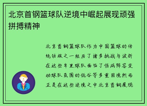 北京首钢篮球队逆境中崛起展现顽强拼搏精神 北京首钢篮球队逆境中崛起展现顽强拼搏精神