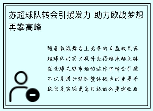 苏超球队转会引援发力 助力欧战梦想再攀高峰 苏超球队转会引援发力 助力欧战梦想再攀高峰
